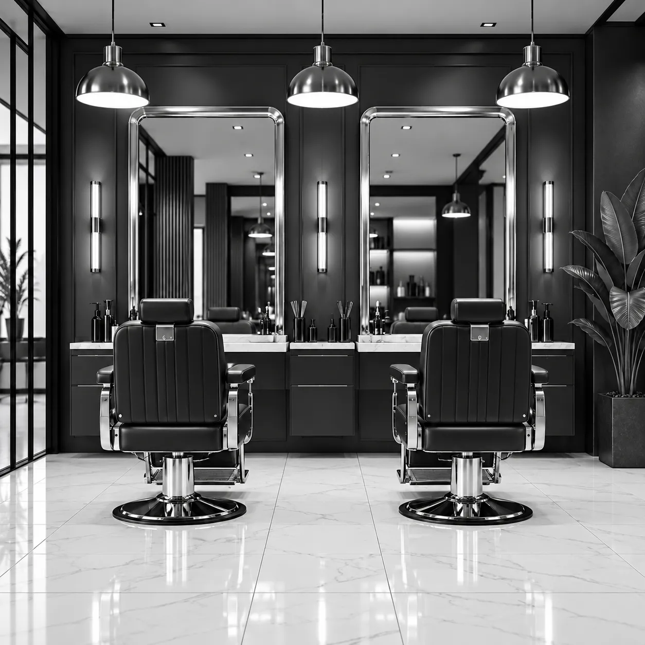 Illustrative black-and-white barbershop floor with two chairs facing mirrors (not a photo of the shop)