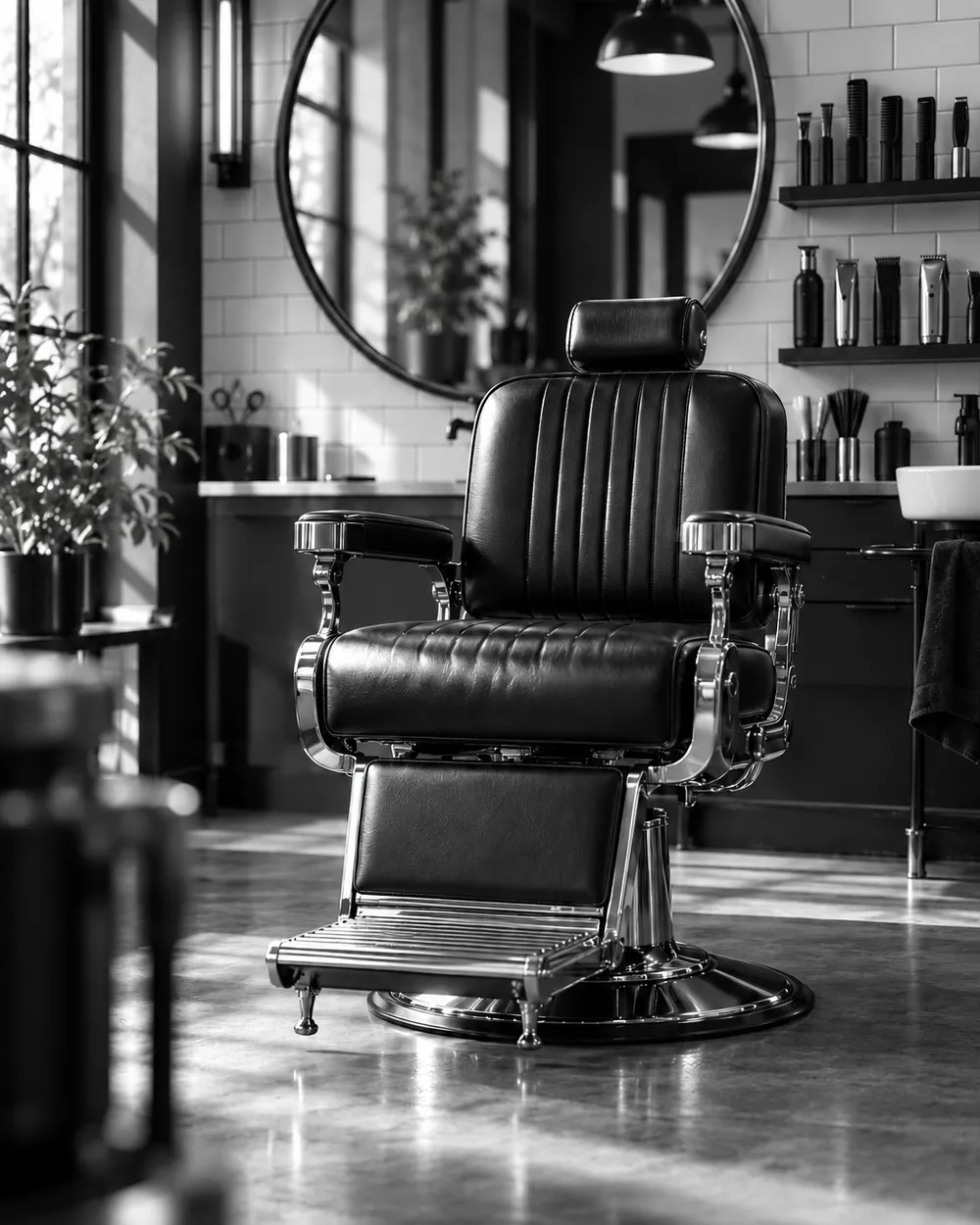 Illustrative black-and-white barbershop chair in front of a mirror and shelves (not a photo of the shop)